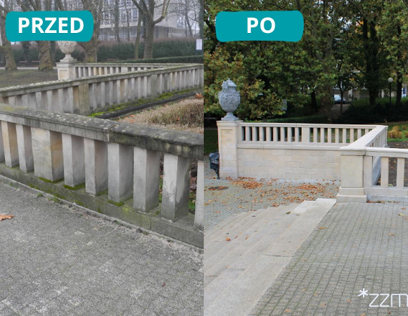 Tralki i wazy w Parku Mickiewicza przed i po remoncie