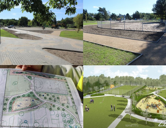 Zdjęcia prezentujące postępy prac przy budowie nowego miejsca rekreacyjnego na Ławicy